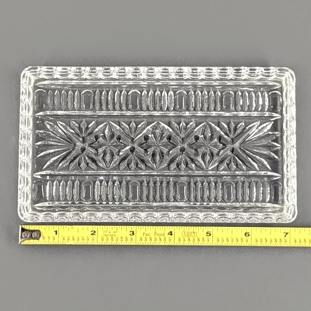 Vintage Clear Pressed Glass Rectangular Vanity Tray Starburst Pattern 7in
